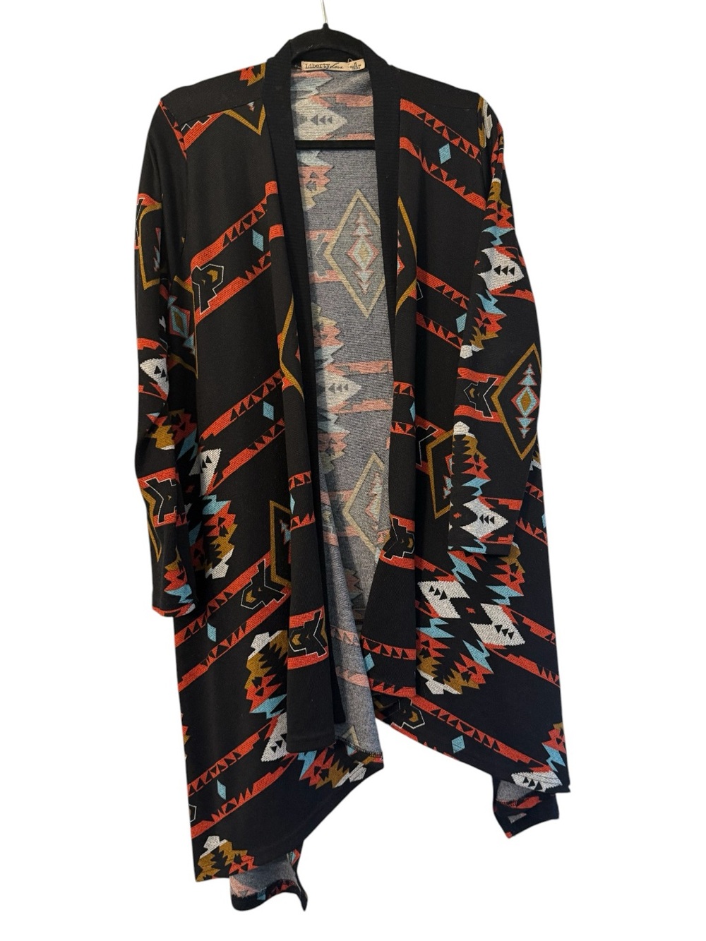 Open-Front Black Cardigan w Geometric Red, Aqua, White & Brown Accents